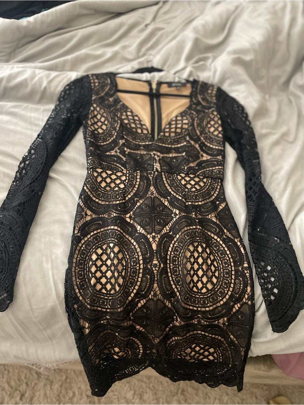 ANGL Black Lace Long-Sleeve Sheath Dress with Nude Lining